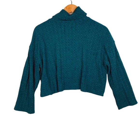 Modcloth Teal with Multicolor Knit Cropped Long Sleeve Turtle Neck Size Medium - Picture 2 of 7